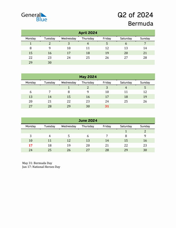 Quarterly Calendar 2024 with Bermuda Holidays