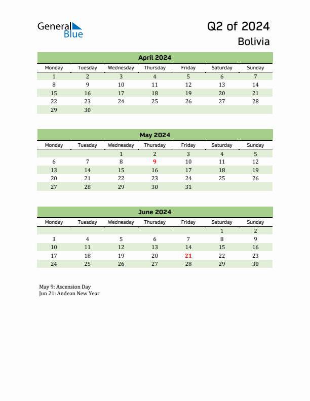 Quarterly Calendar 2024 with Bolivia Holidays