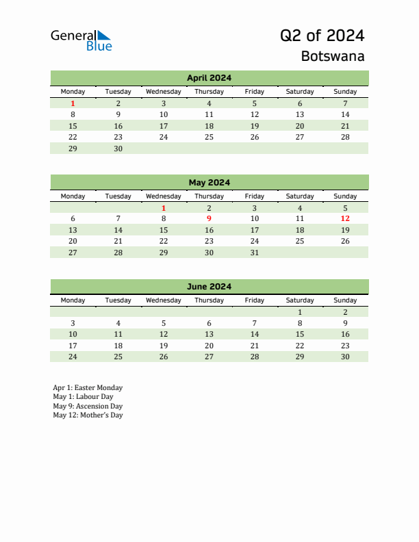 Quarterly Calendar 2024 with Botswana Holidays