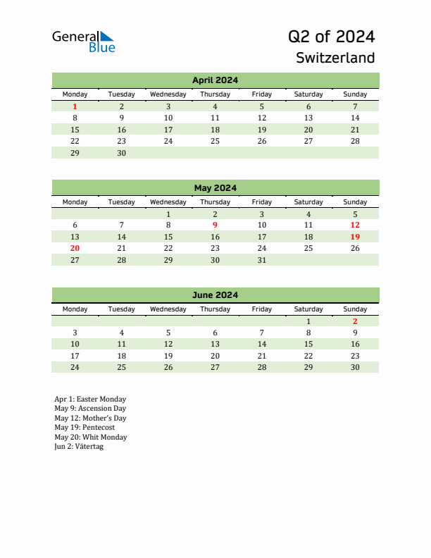 Quarterly Calendar 2024 with Switzerland Holidays