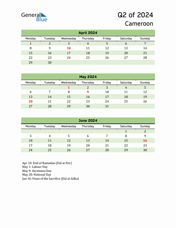 Quarterly Calendar 2024 with Cameroon Holidays