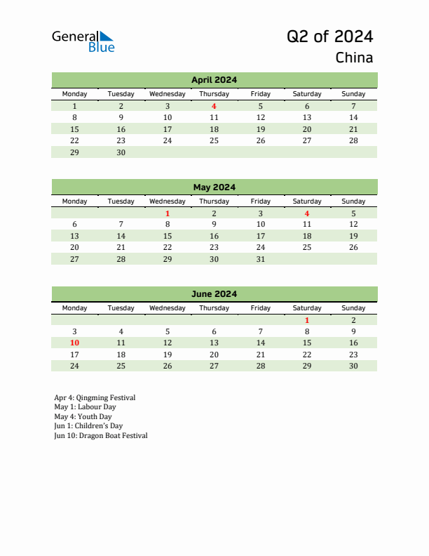 Quarterly Calendar 2024 with China Holidays