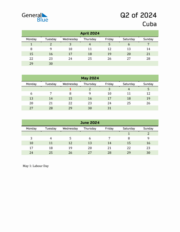 Quarterly Calendar 2024 with Cuba Holidays