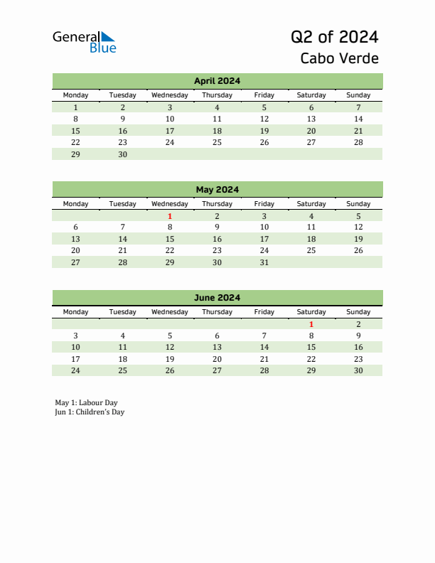 Quarterly Calendar 2024 with Cabo Verde Holidays