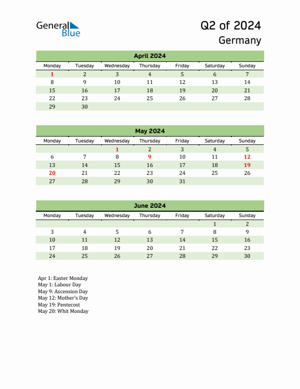 Quarterly Calendar 2024 with Germany Holidays