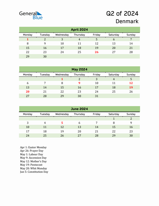 Quarterly Calendar 2024 with Denmark Holidays