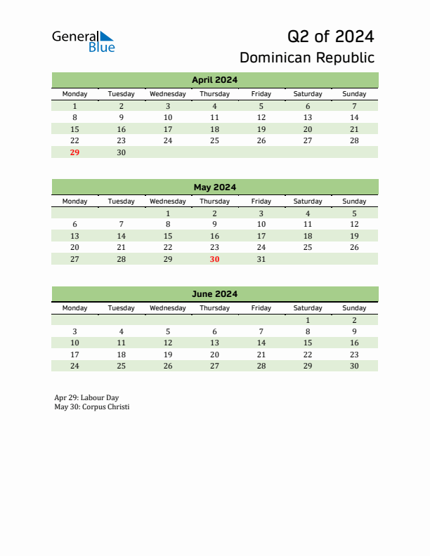 Quarterly Calendar 2024 with Dominican Republic Holidays