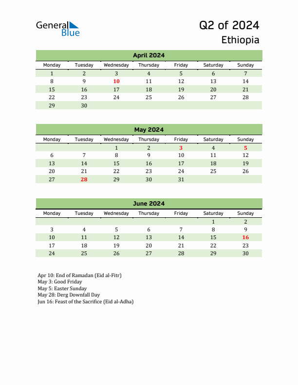 Quarterly Calendar 2024 with Ethiopia Holidays