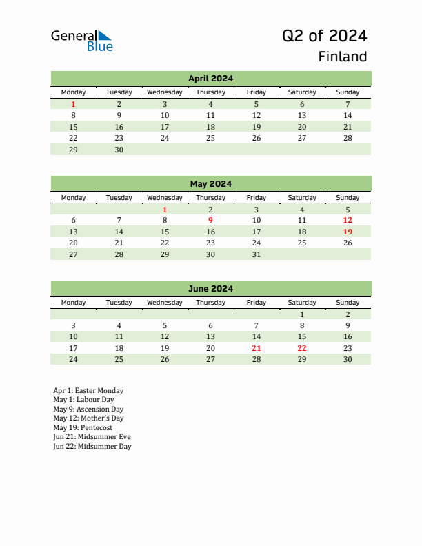 Quarterly Calendar 2024 with Finland Holidays