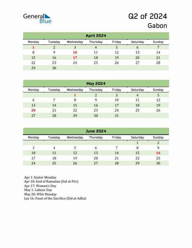 Quarterly Calendar 2024 with Gabon Holidays