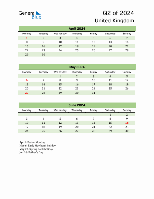 Quarterly Calendar 2024 with United Kingdom Holidays