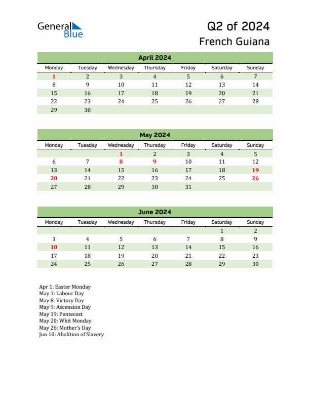 Quarterly Calendar 2024 with French Guiana Holidays