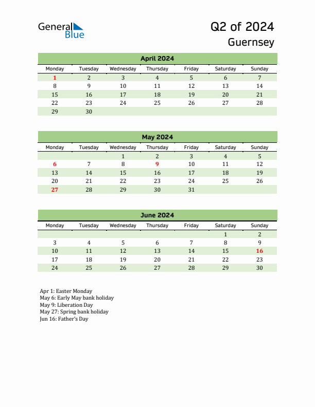 Quarterly Calendar 2024 with Guernsey Holidays