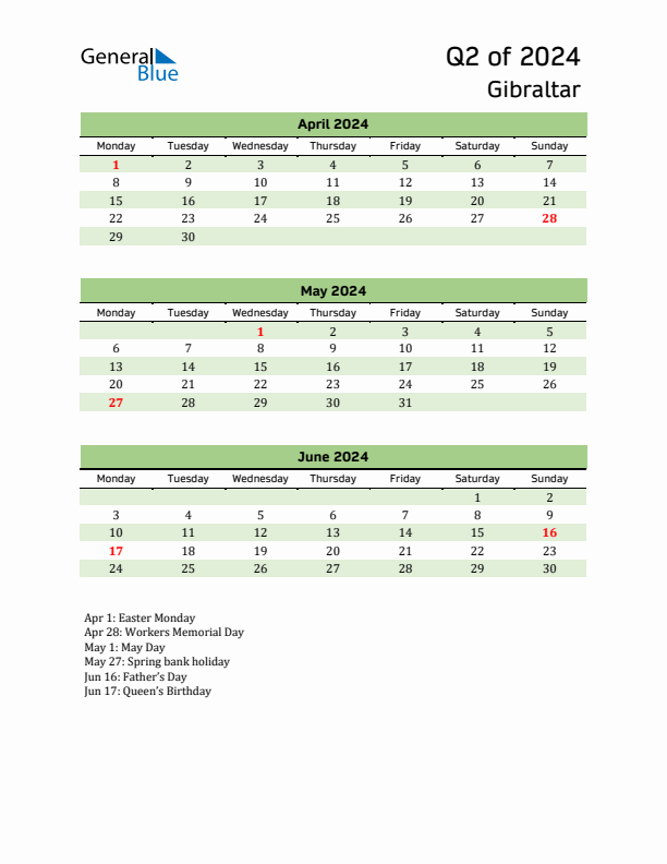 Quarterly Calendar 2024 with Gibraltar Holidays