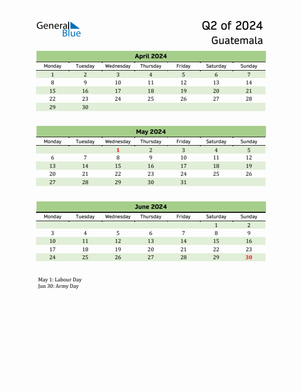 Quarterly Calendar 2024 with Guatemala Holidays