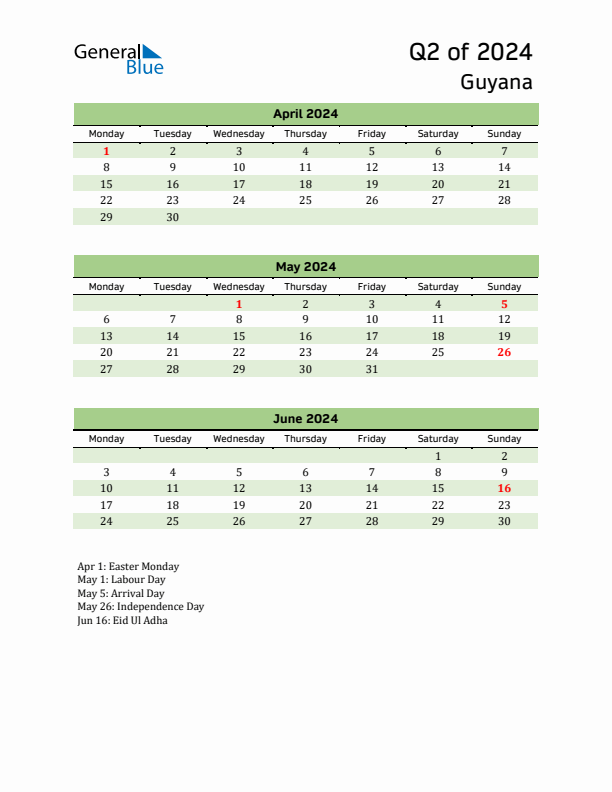 Quarterly Calendar 2024 with Guyana Holidays