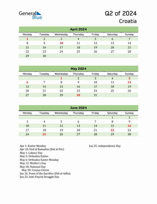 Quarterly Calendar 2024 with Croatia Holidays