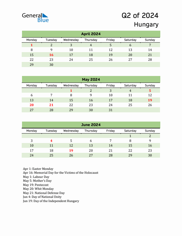 Quarterly Calendar 2024 with Hungary Holidays