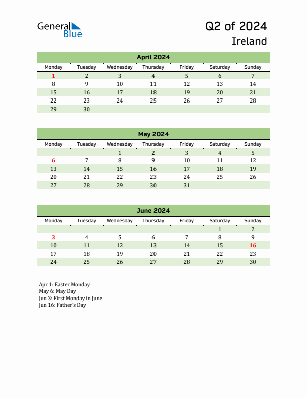 Quarterly Calendar 2024 with Ireland Holidays