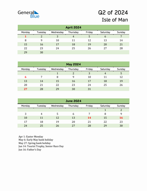 Quarterly Calendar 2024 with Isle of Man Holidays