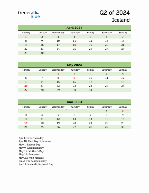 Quarterly Calendar 2024 with Iceland Holidays