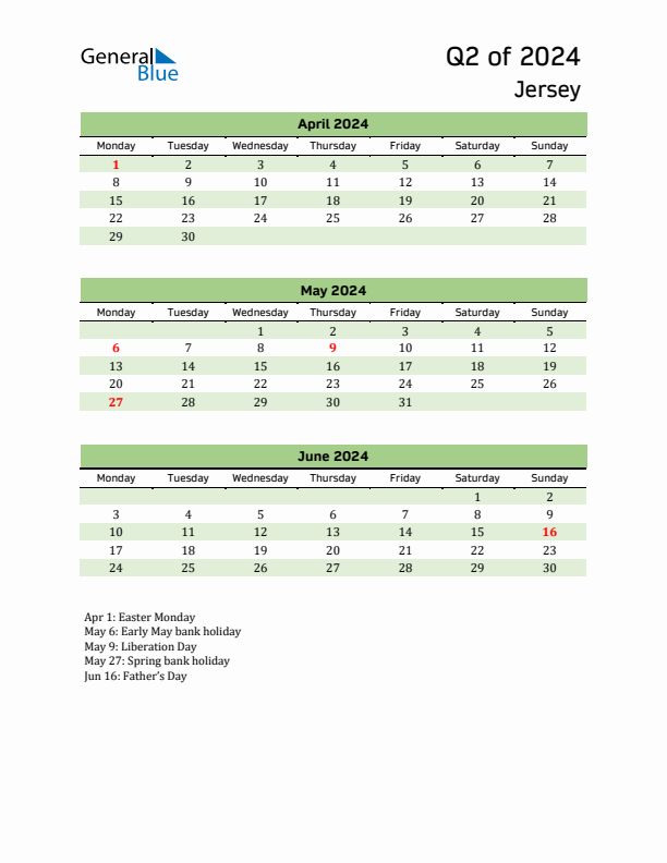 Quarterly Calendar 2024 with Jersey Holidays