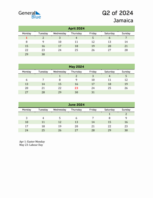 Quarterly Calendar 2024 with Jamaica Holidays