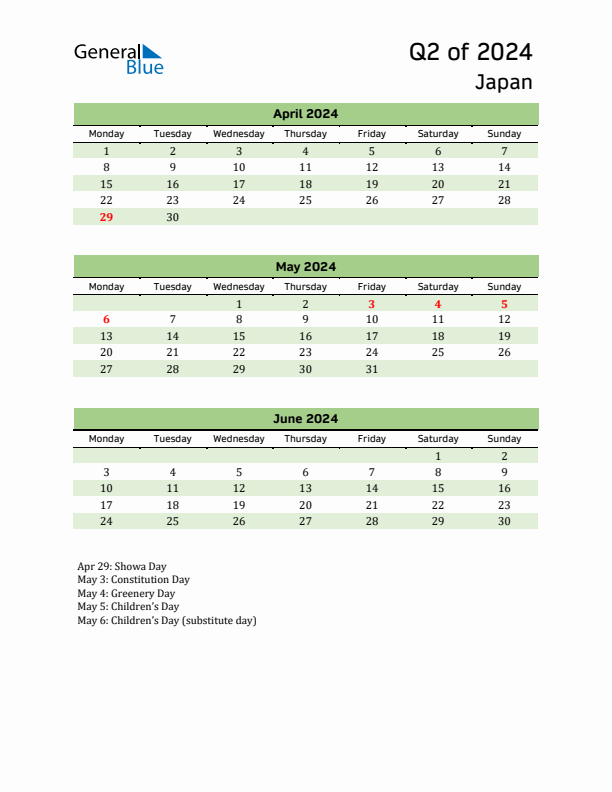 Quarterly Calendar 2024 with Japan Holidays