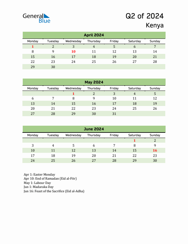 Quarterly Calendar 2024 with Kenya Holidays