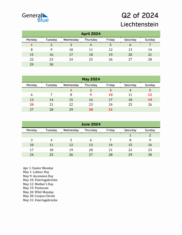 Quarterly Calendar 2024 with Liechtenstein Holidays