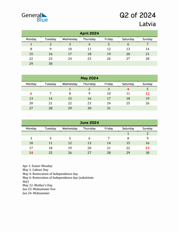 Quarterly Calendar 2024 with Latvia Holidays