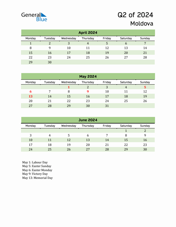 Quarterly Calendar 2024 with Moldova Holidays