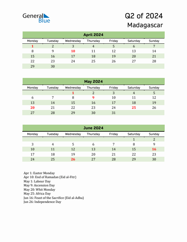 Quarterly Calendar 2024 with Madagascar Holidays