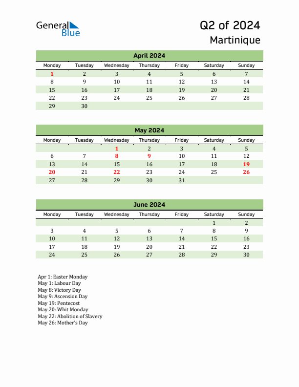 Quarterly Calendar 2024 with Martinique Holidays