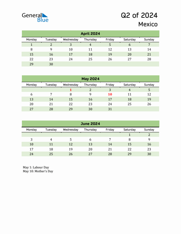 Quarterly Calendar 2024 with Mexico Holidays