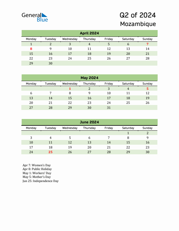 Quarterly Calendar 2024 with Mozambique Holidays