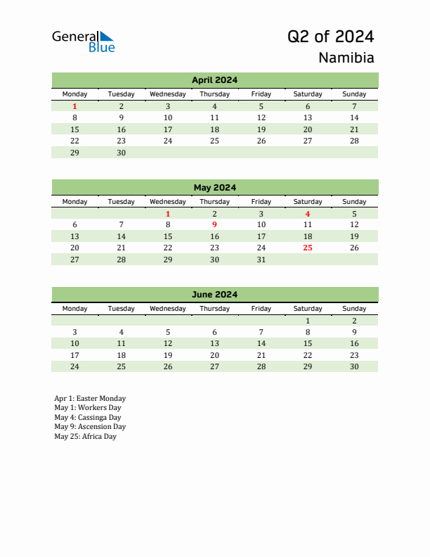 Quarterly Calendar 2024 with Namibia Holidays