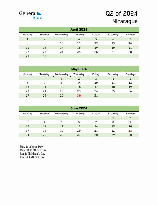 Quarterly Calendar 2024 with Nicaragua Holidays