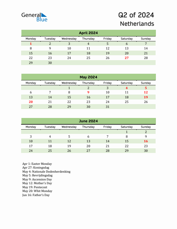 Quarterly Calendar 2024 with The Netherlands Holidays