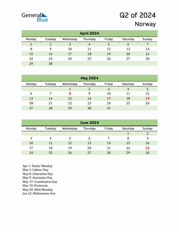 Quarterly Calendar 2024 with Norway Holidays