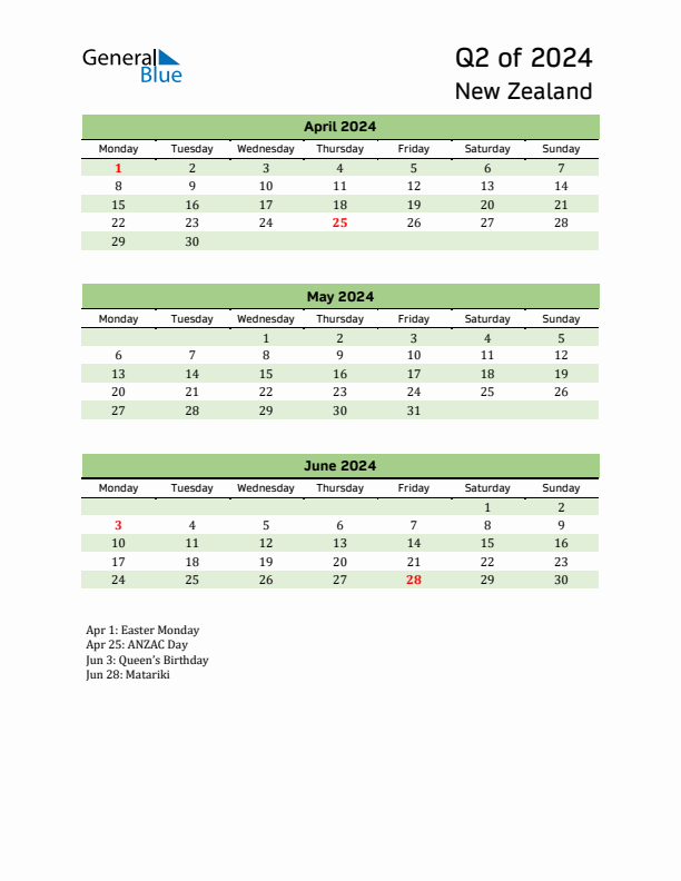 Quarterly Calendar 2024 with New Zealand Holidays