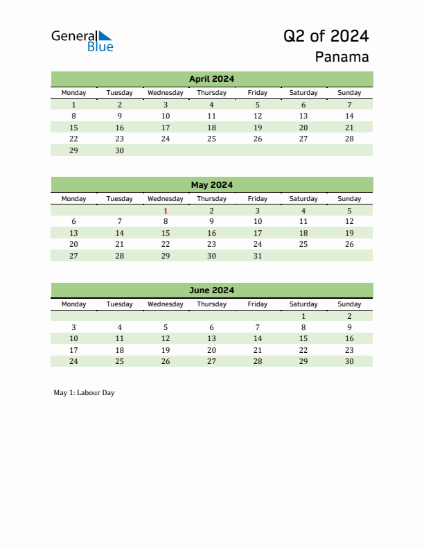 Quarterly Calendar 2024 with Panama Holidays