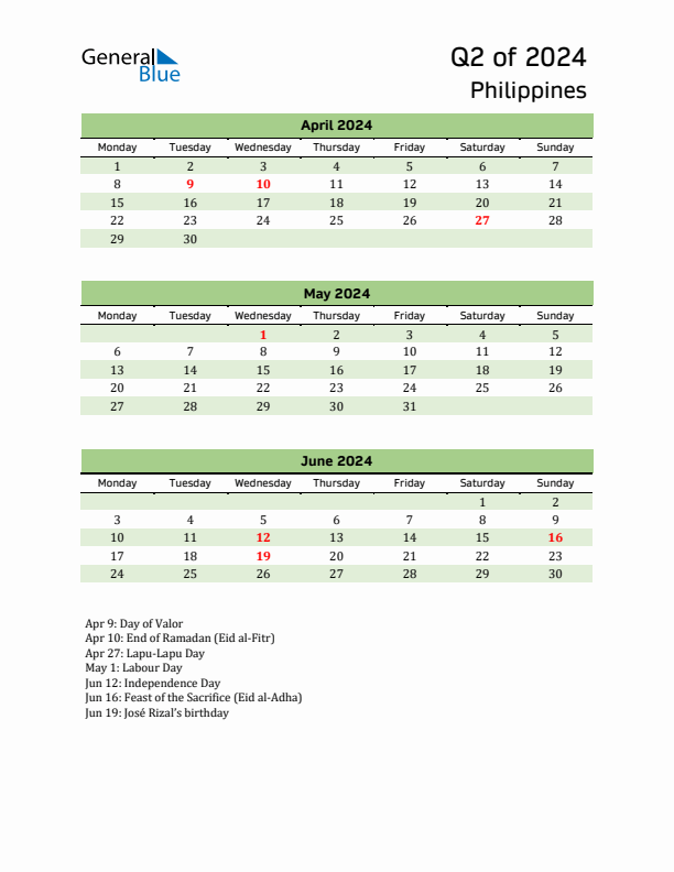 Quarterly Calendar 2024 with Philippines Holidays