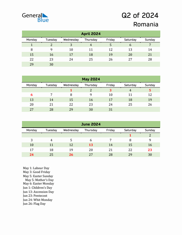 Quarterly Calendar 2024 with Romania Holidays