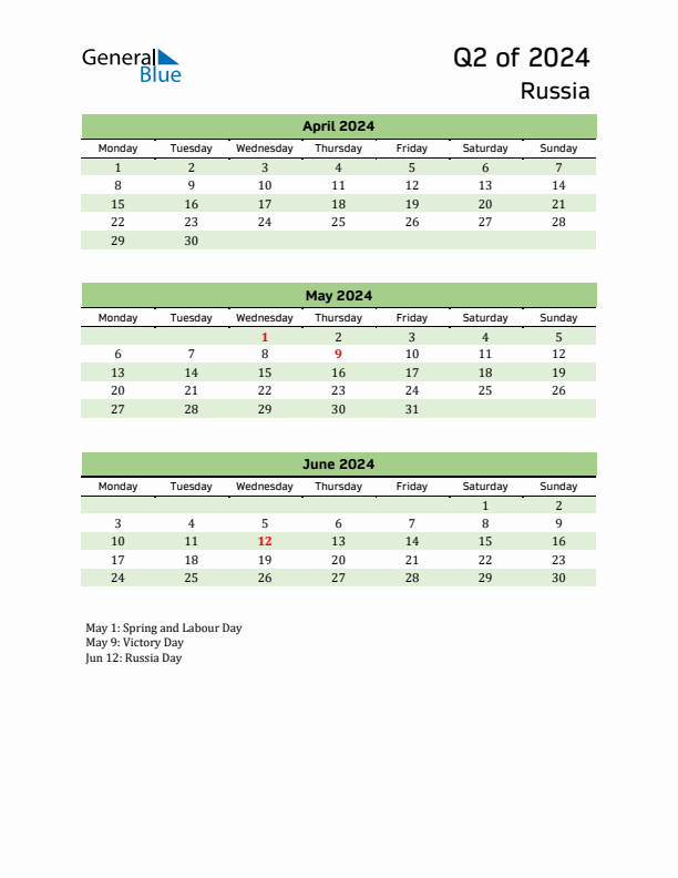 Quarterly Calendar 2024 with Russia Holidays