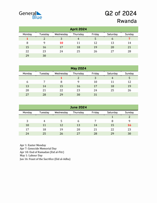 Quarterly Calendar 2024 with Rwanda Holidays