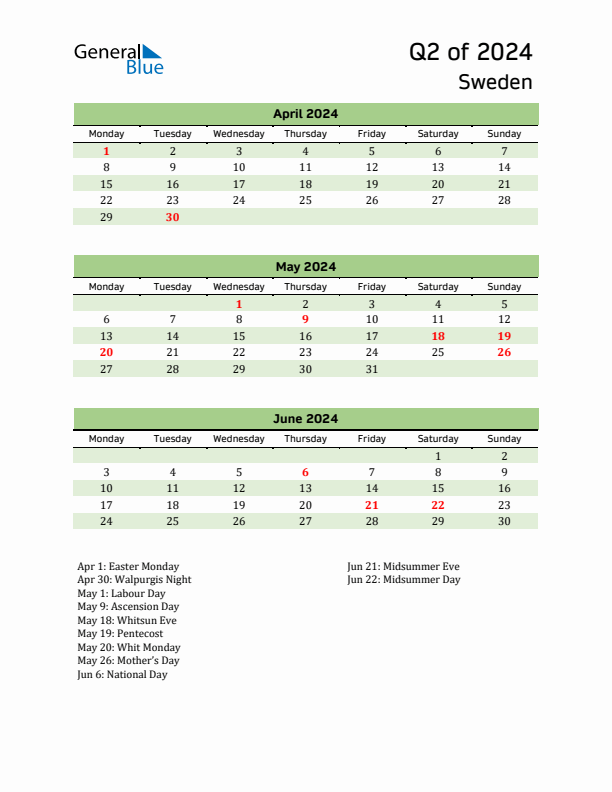 Quarterly Calendar 2024 with Sweden Holidays