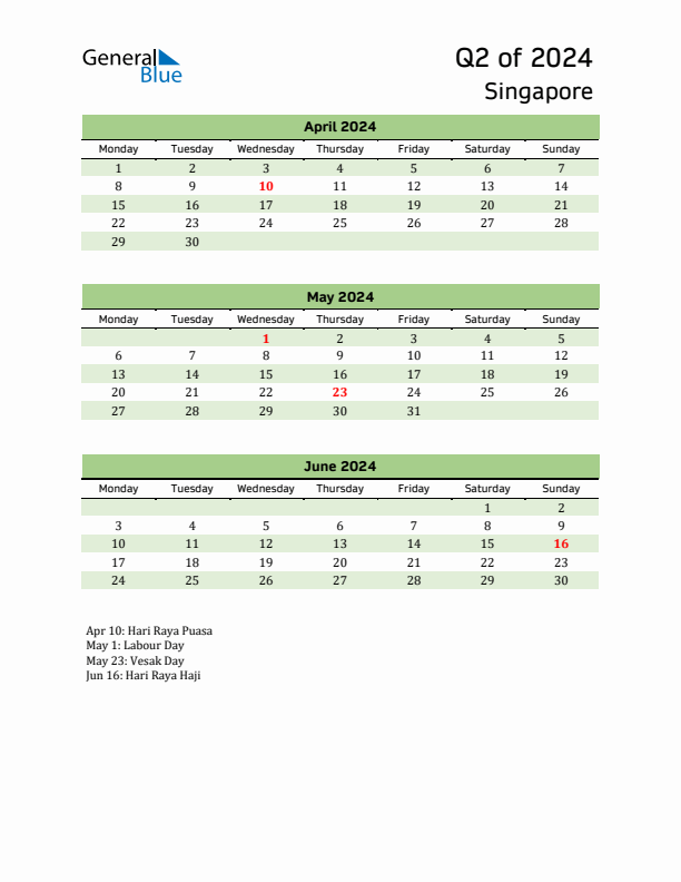 Quarterly Calendar 2024 with Singapore Holidays