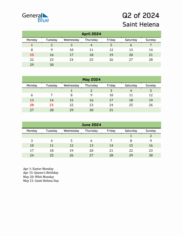 Quarterly Calendar 2024 with Saint Helena Holidays