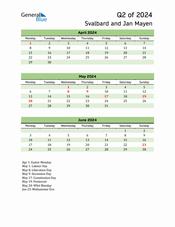 Quarterly Calendar 2024 with Svalbard and Jan Mayen Holidays